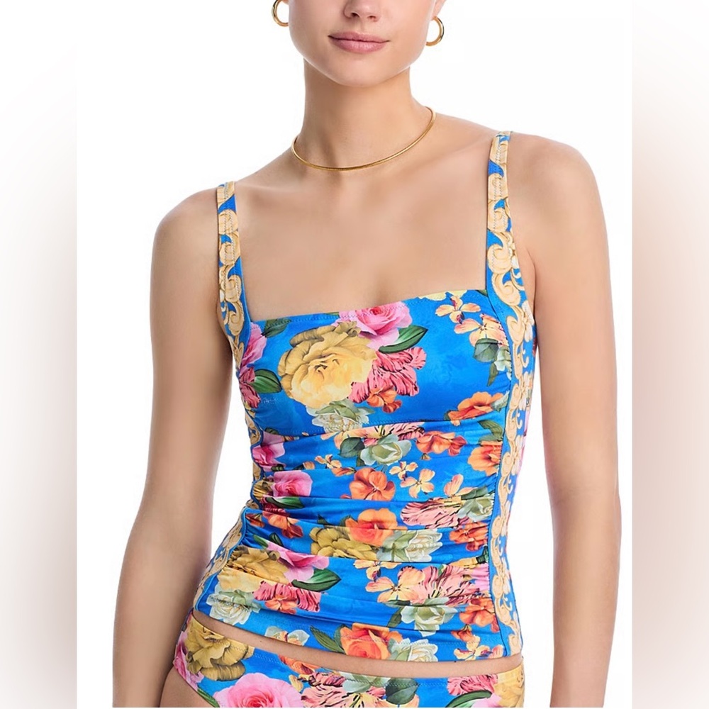 Johnny Was Helena Ruched Tankini Top Floral Blue Boho Swim XS